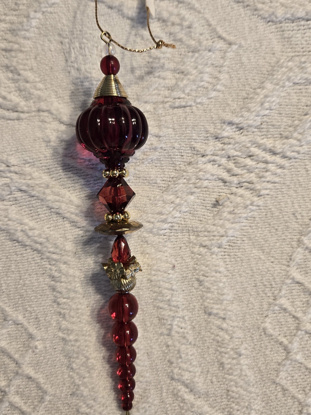 Deep Red Plastic Bead Ornament with Gold Accents